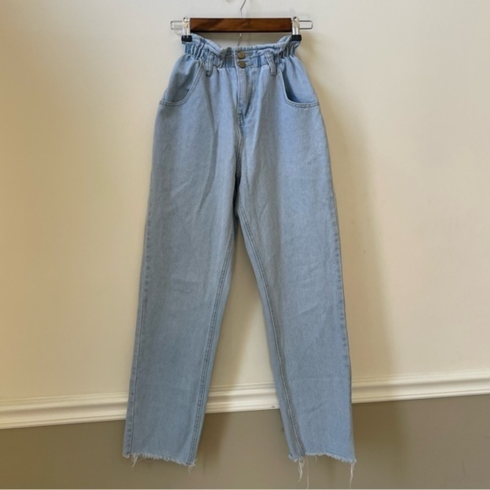 Light Wash Raw Hem Paper Bag Shorts